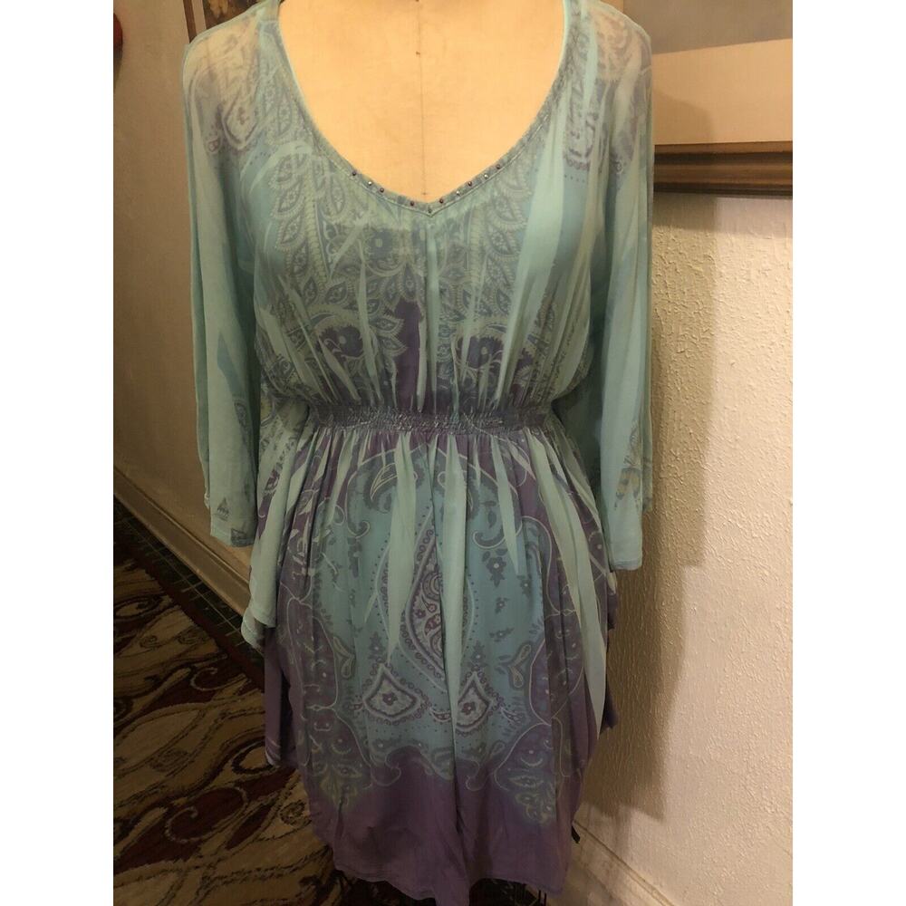 Style & Co Blouson Butterfly Sleeves V Neck Turquoise Dress Size S